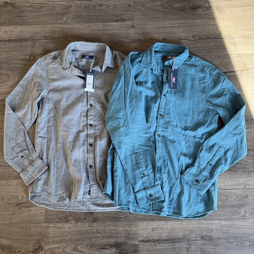 Vineyard Vines Men’s Classic Fit Stretch Flannel Button-Ups Grey And Teal Medium